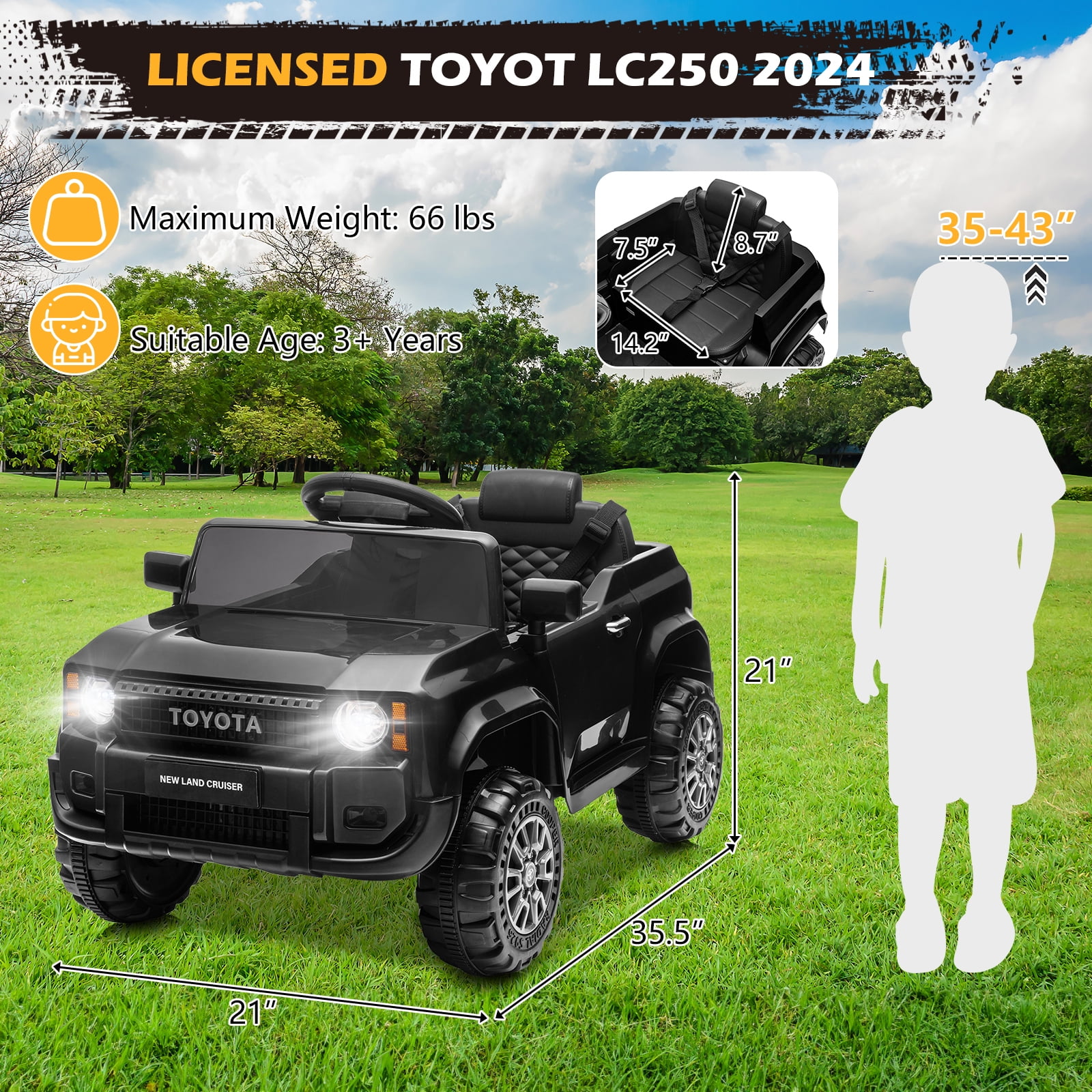 Winado Licensed Toyota 12V Kids Electric Ride On Car with Remote Control, Music, Lights, Black