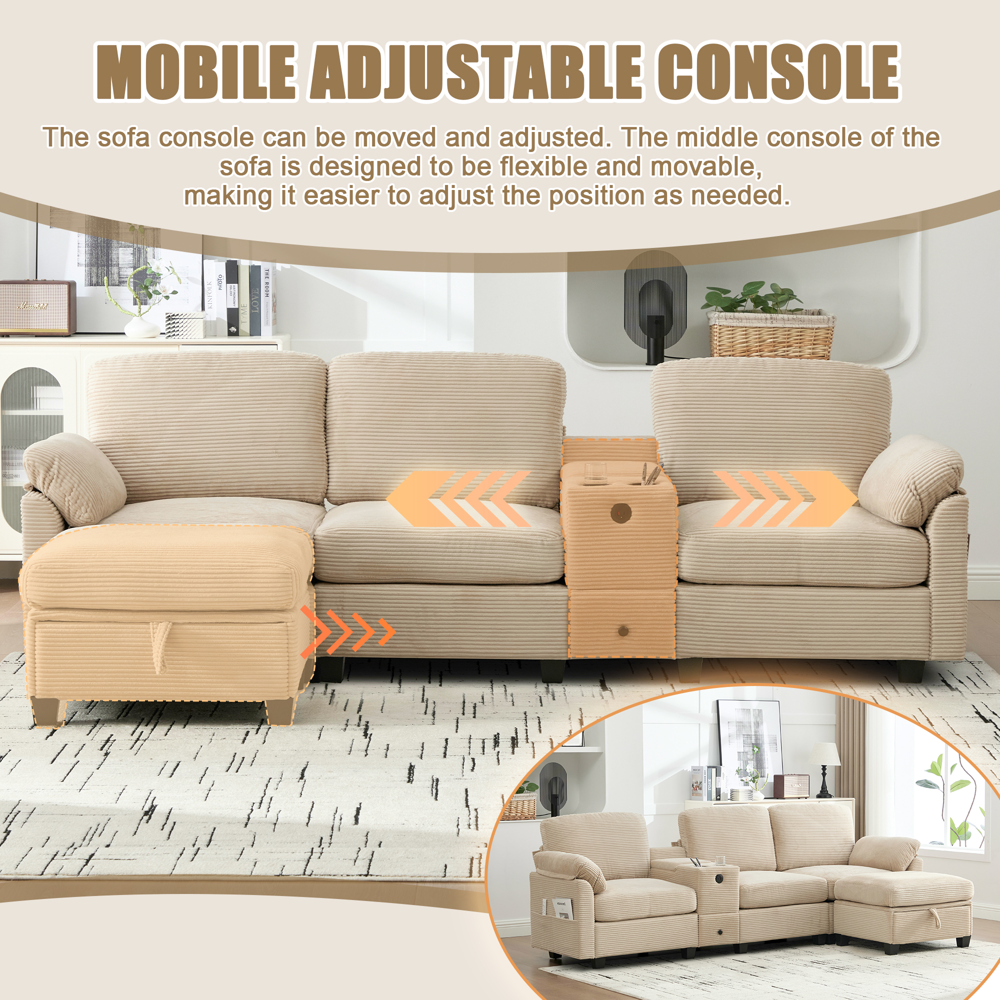 MOONMISS 105" L-Shaped Corduroy Modular Sectional Sofa with 1 Ottoman and Multi Functional Console, 3-Seater Upholstered Couch with USB and 2 Cup Holder, Easy Assembly, for Living Room,Khaki