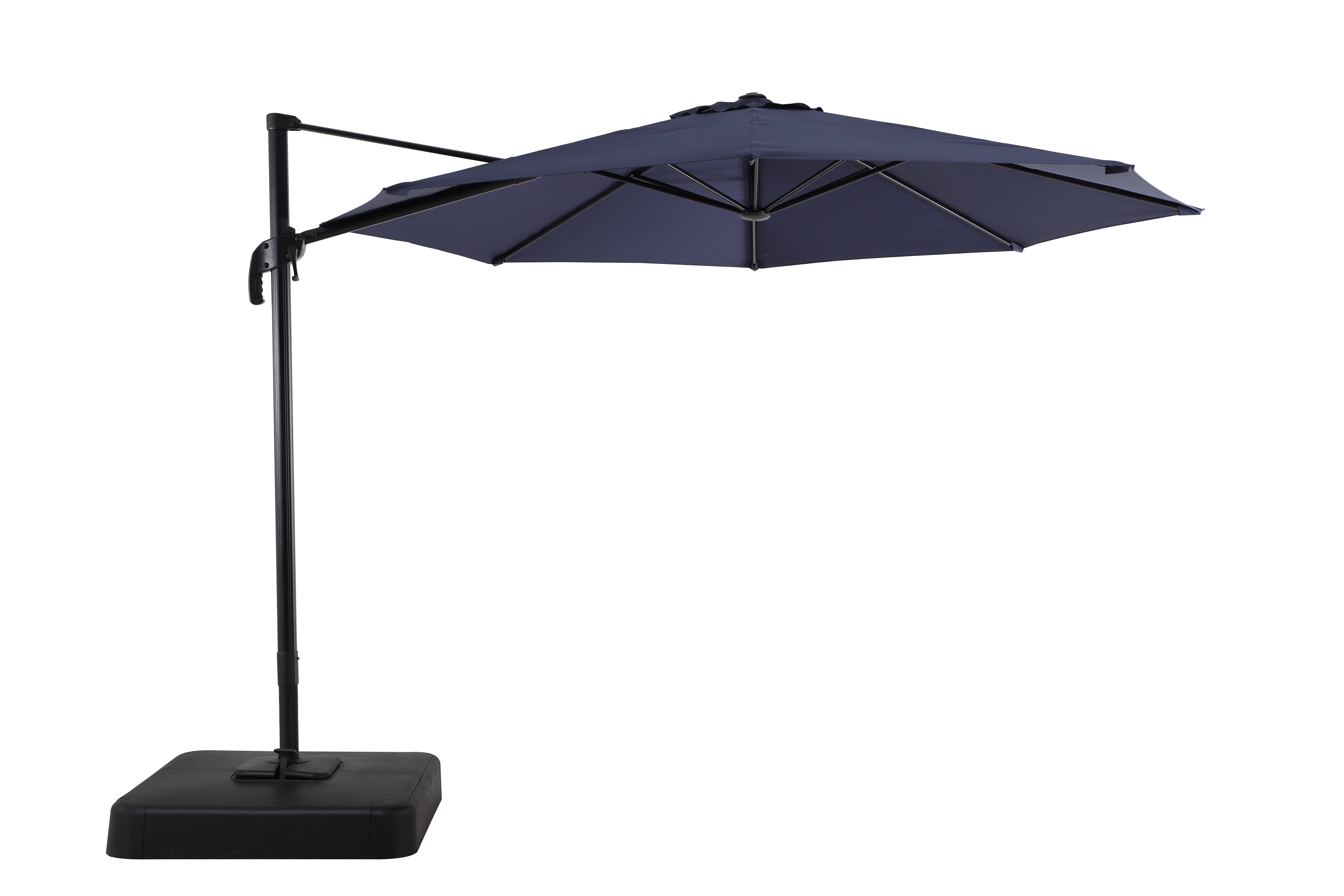 Mainstays 10’ Navy Blue Octagon Outdoor Tilting Cantilever Offset Patio Umbrella with Weighted Base and 360 Degree Rotation