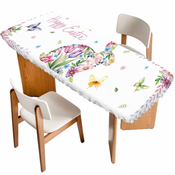 Easter Bunny Table Cloths for 8 Foot Rectangle Tables, Spring Flower Daisy Tulips Pastoral Butterfly Patio Waterproof Elastic Fitted Tablecloths, Washable Rectangular Table Cover for Camping