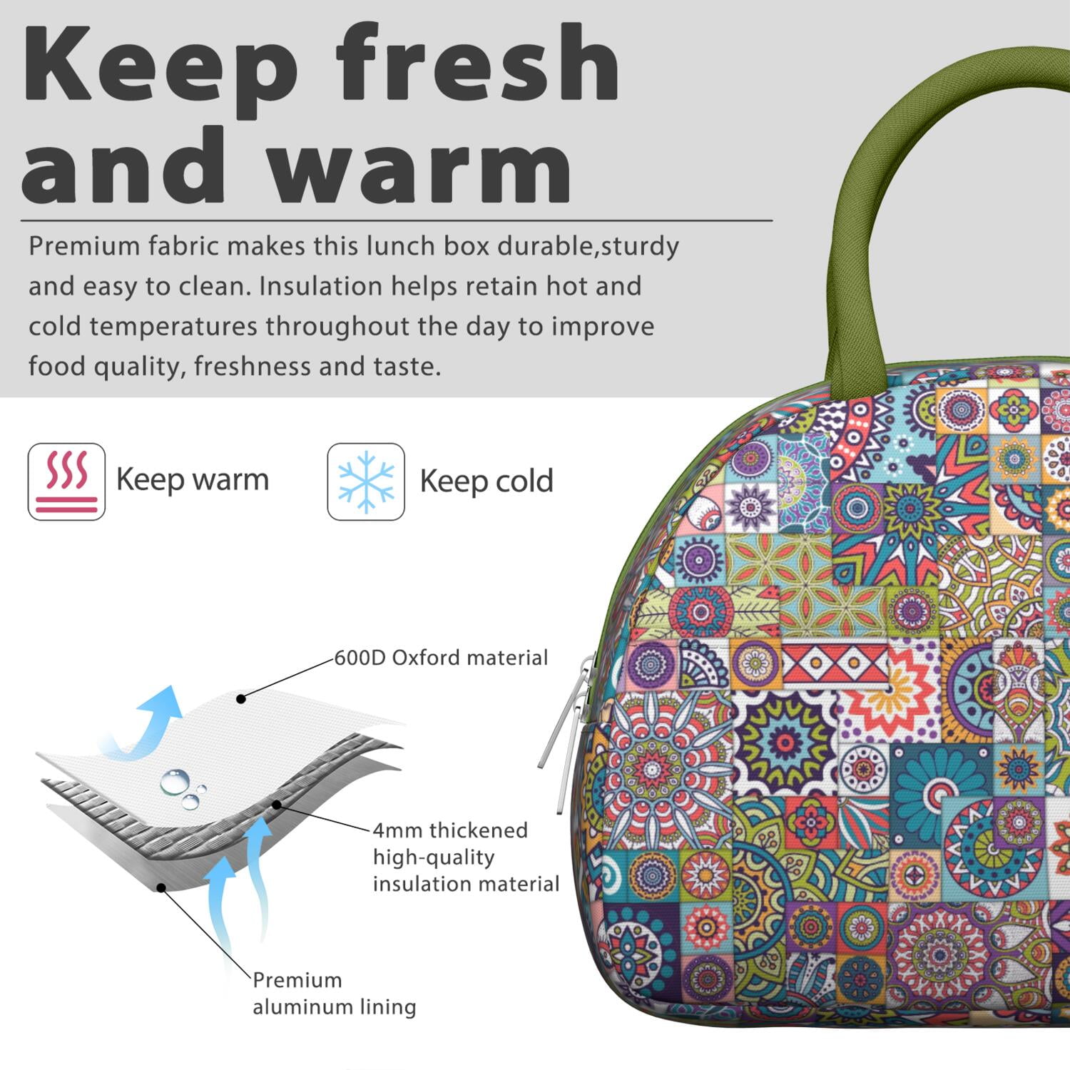 Boho Floral Lunch Bag for Women, Insulated Vintage Lunch Tote with Earthy Tribal Folk Style, Colorful Leakproof Lunch Box for Work, School or Travel