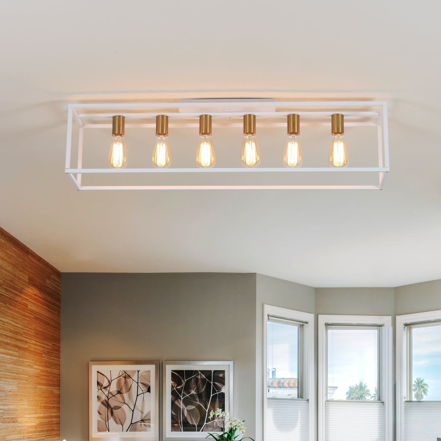 38" 6-Light Farmhouse White Rectangle Cage Close to Ceiling Light for Living Dining Room