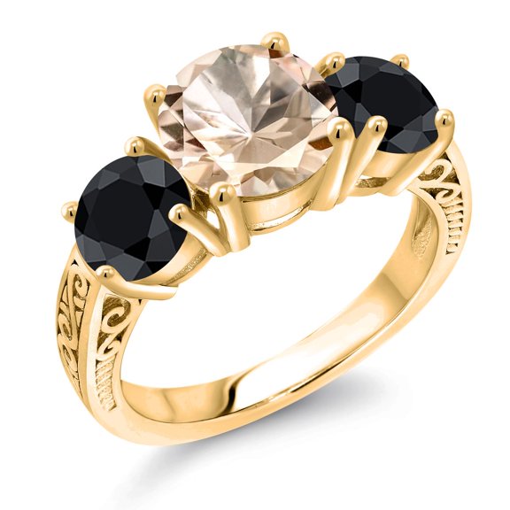 Gem Stone King 18K Yellow Gold Plated Silver Peach Morganite and Black Sapphire Engagement Ring for Women | 4.00 Cttw | Round 8MM | Gemstone October Birthstone | Size 8