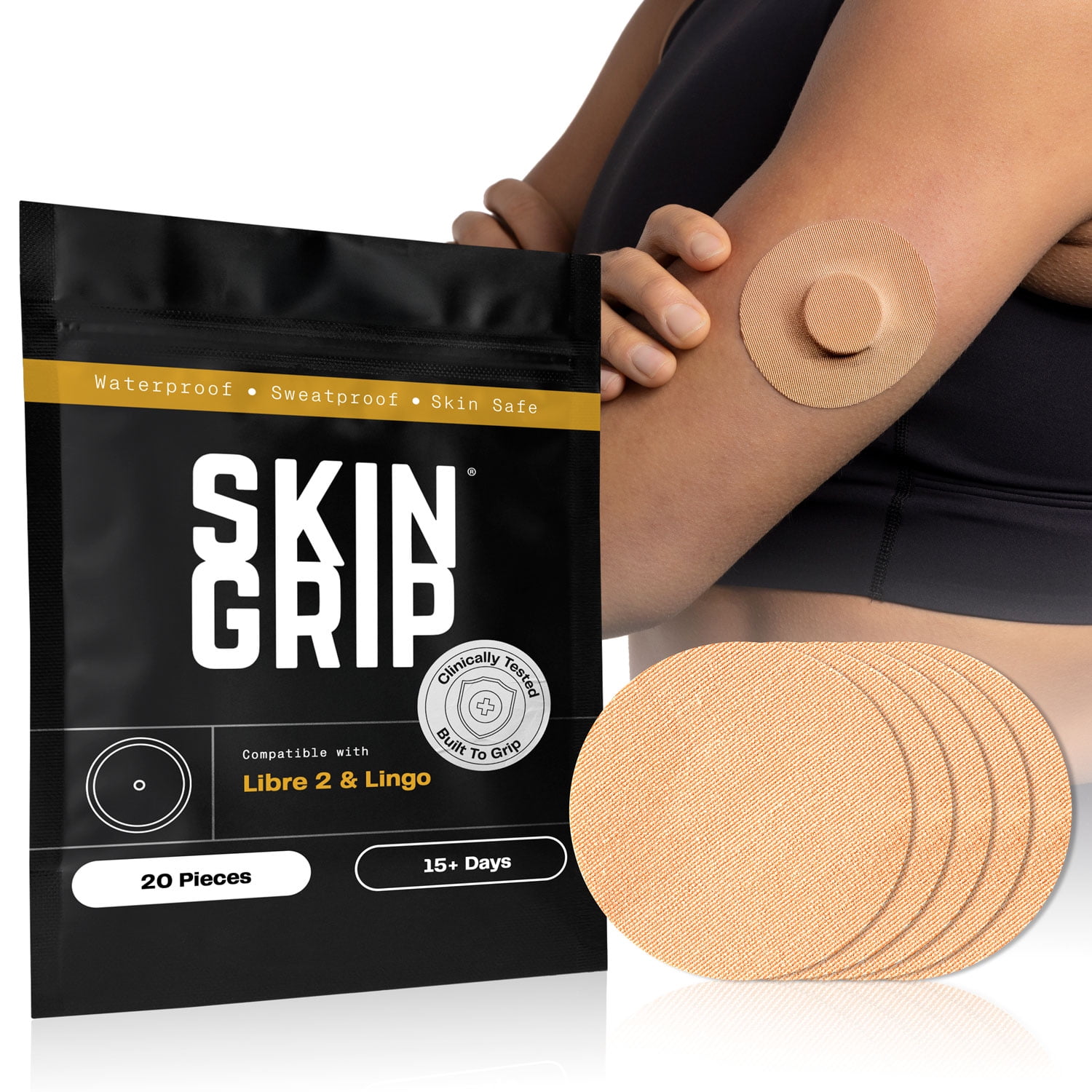 Skin Grip Freestyle Libre 2 & Lingo Patches - 20 Pack, Waterproof CGM Glucose Monitor Adhesive Covers, Durable Long-Lasting Sensor Patches - Tan