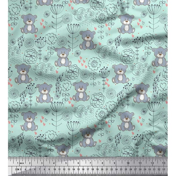 Soimoi Cotton Duck Fabric Floral,Heart & Bear Kids Printed Craft Fabric by The Yard 42 Inch Wide