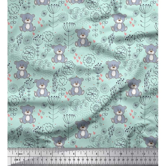 Soimoi Cotton Duck Fabric Floral,Heart & Bear Kids Printed Craft Fabric by The Yard 42 Inch Wide