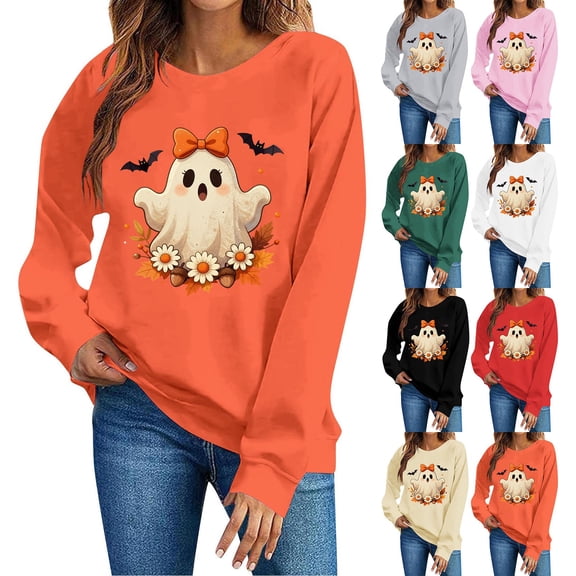 Mifsaly Womens Vintage Floral Ghost Graphic Fall Sweatshirt Crewneck Pullover Festival Long Sleeve Casual Tops Orange,L