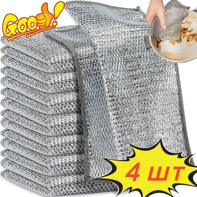 Non-Scratch Wire Dishcloth Steel Wire Dish Cloth Reusable Kitchen Cleaning Towels, displayed in a stack of five with a detailed view of the silver fish-scale mesh fabric. A hand is shown using one cloth to scrub a dish with baked-on residue, highlighting its superior stain removal power. Each cloth measures 9 inches by 6 inches, features smooth edges for safe handling, and is ideal for cleaning kitchen utensils, sinks, and stovetops.