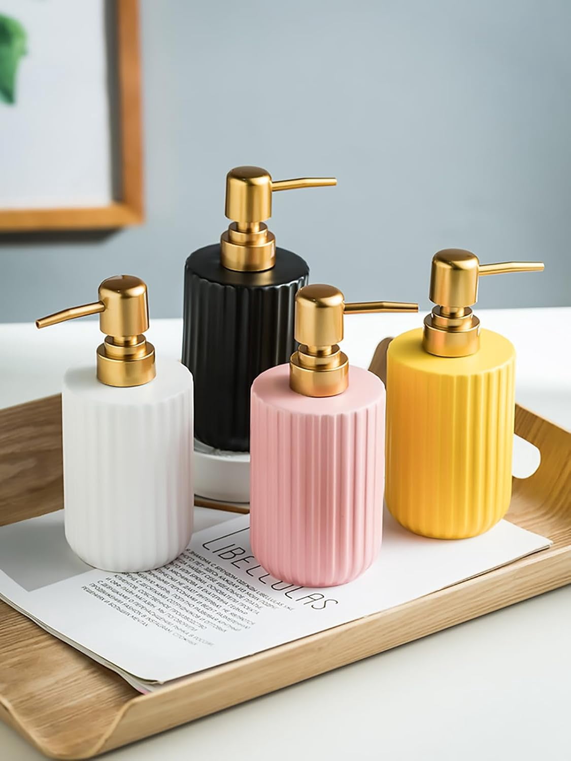 CATPAN Premium Matte Yellow Hand Soap Dispenser Set, Resin Liquid Soap Dispenser for Bathroom Countertop, 10.5oz