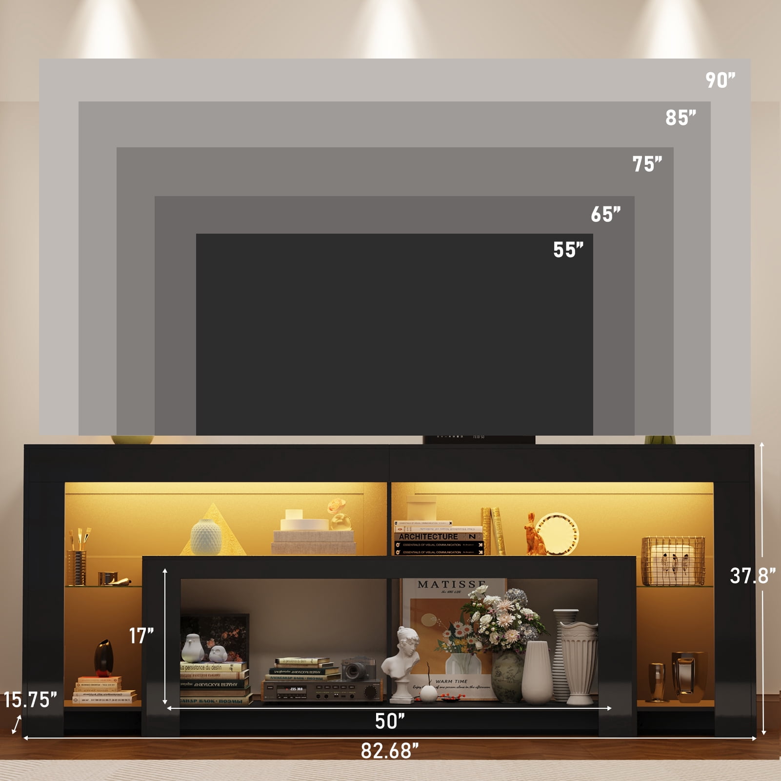 Blotout 82''Modern LED TV Stand for 85/90'' TV, High Gloss Entertainment Center with Adjustable Shelves & Open Storage, TV Console with 20 Color Changing Lights for Living Room Bedroom Game Room