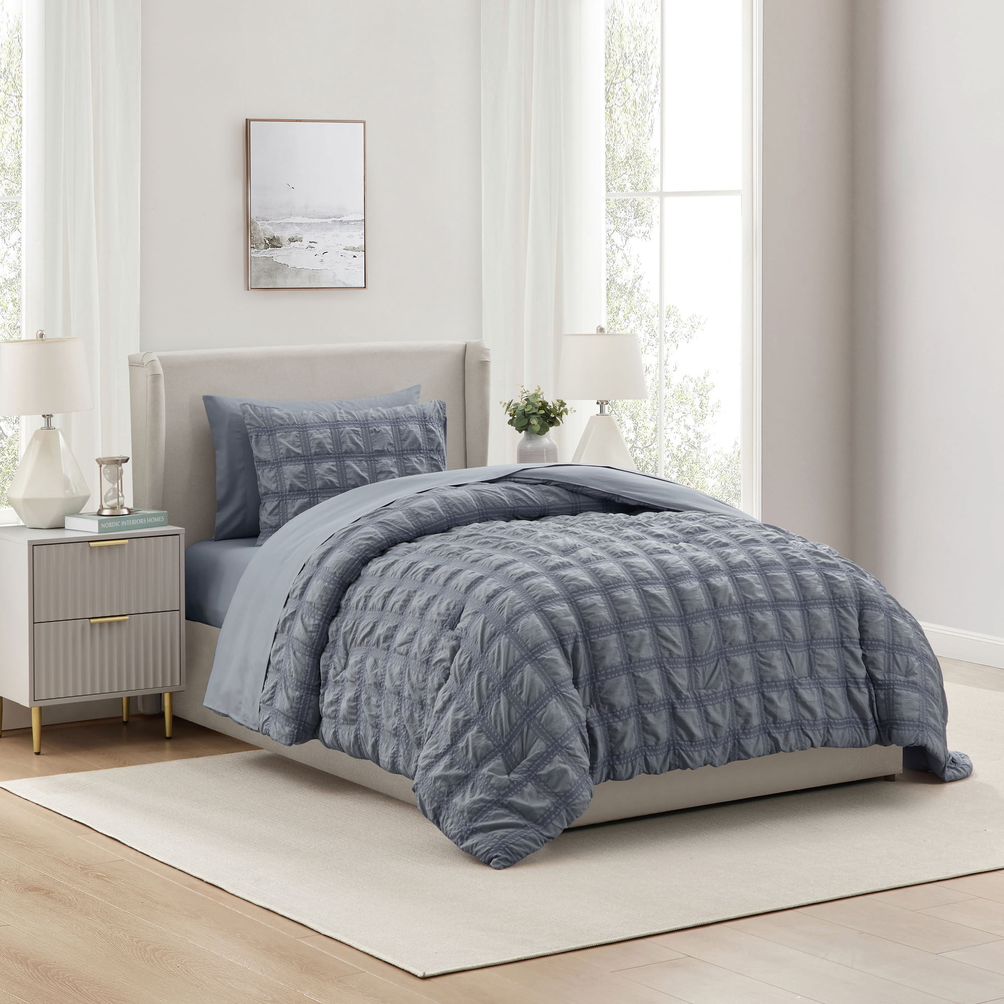 LammaLoe Twin Comforter Sets 7 Piece Seersucker Bed in a Bag Bedding Comforter Set with Sheets Modern Bed Set Slate Blue