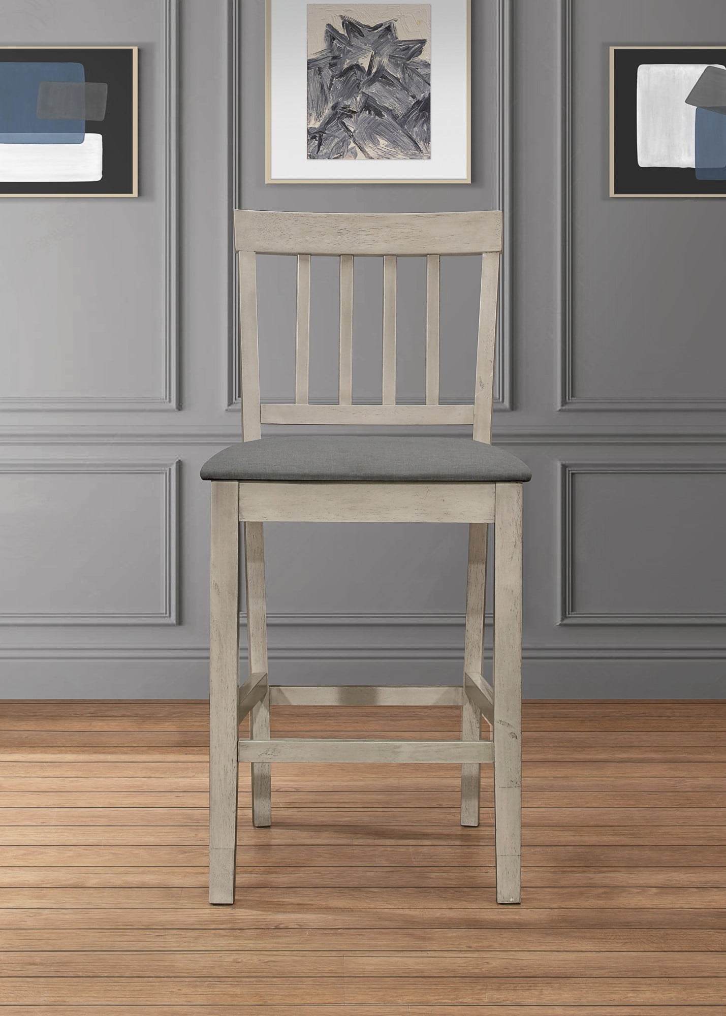 Home Design Wilder 5-Piece Counter Set, Antique Gray/Gray, Square Table with Slat-Back Cushioned Chairs, Modern Minimalist Style