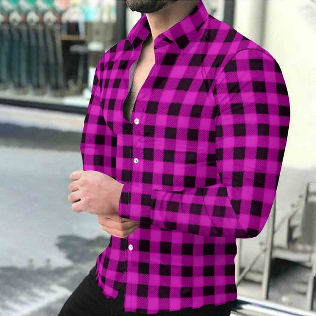 Timdgard Button down Shirts for Men Fall Plaid Lapel V Neck Long Sleeve Shirts Work Casual Tops