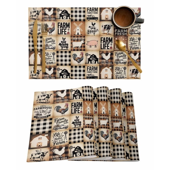 Vintage Farmhouse Placemats Set of 2 Animal House Truck Brown Plaid Patchwork Heat Insulation Washable Place Mats, Rustic Non-Slip Table Mats for Dining Table Party Kitchen Decor,13x19 Inch