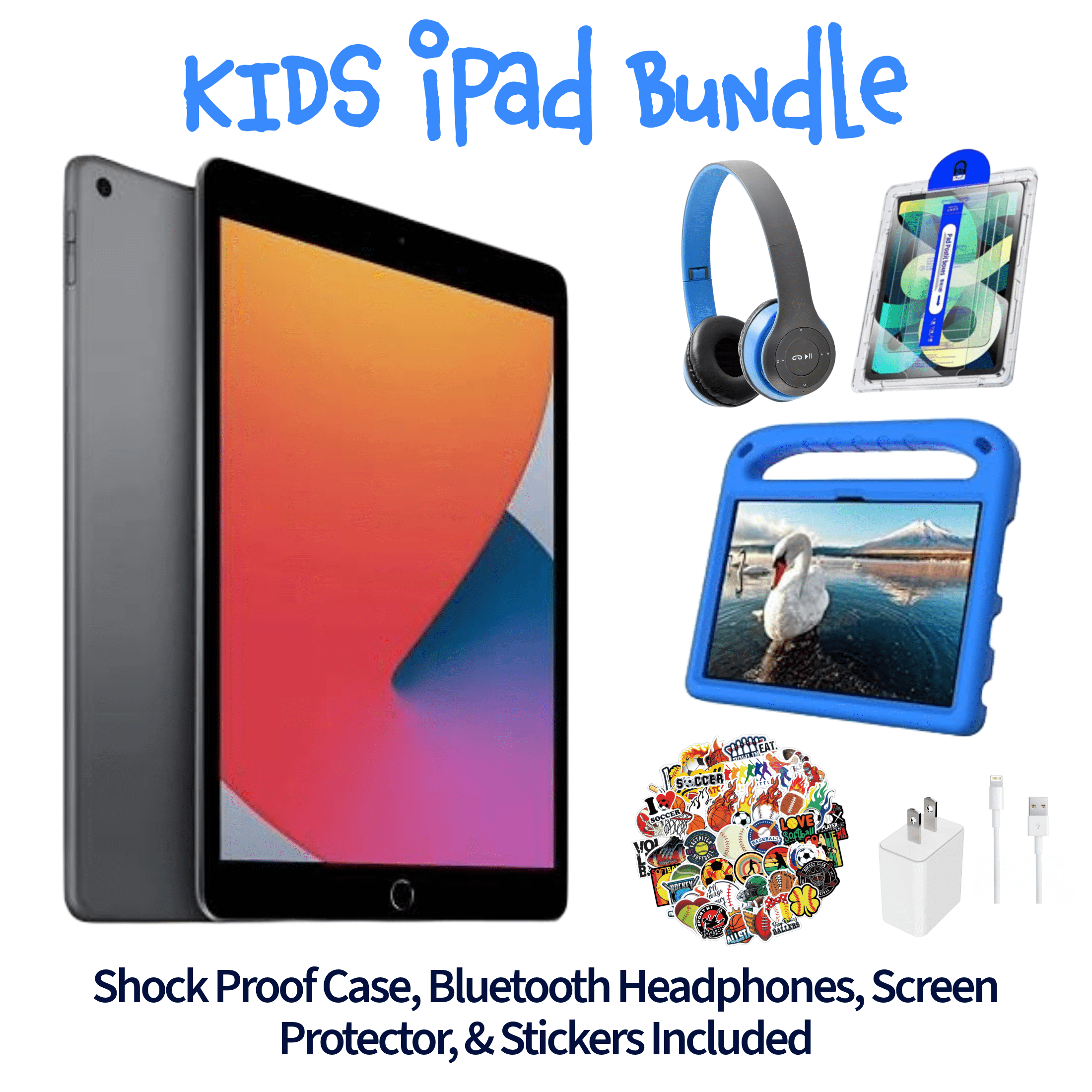 Restored Apple iPad 7 Kid's Bundle - 10.2" 32GB Space Gray (Wi-Fi) - Shock Proof Case, Bluetooth Headphones, Screen Protector, Kid's Stickers, and Charger Included (Refurbished)