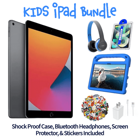 Restored Apple iPad 7 Kid's Bundle - 10.2" 32GB Space Gray (Wi-Fi) - Shock Proof Case, Bluetooth Headphones, Screen Protector, Kid's Stickers, and Charger Included (Refurbished)