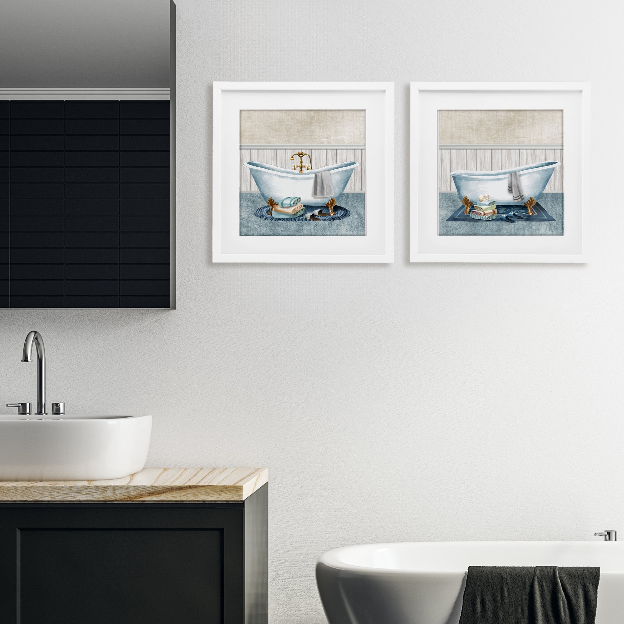 Stupell Industries Cozy Bathtub & Slippers 2 Piece White Framed Print Under Glass Set, design by Conrad Knutsen