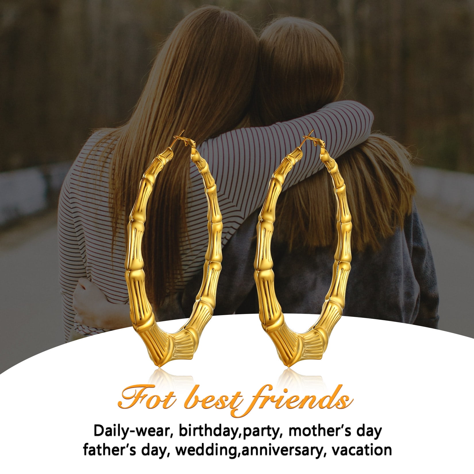 U7 Women Large Big Hoop Earring Gold Plated Bamboo Earrings 80mm Stainless Steel Christmas Gift for Mother Wife