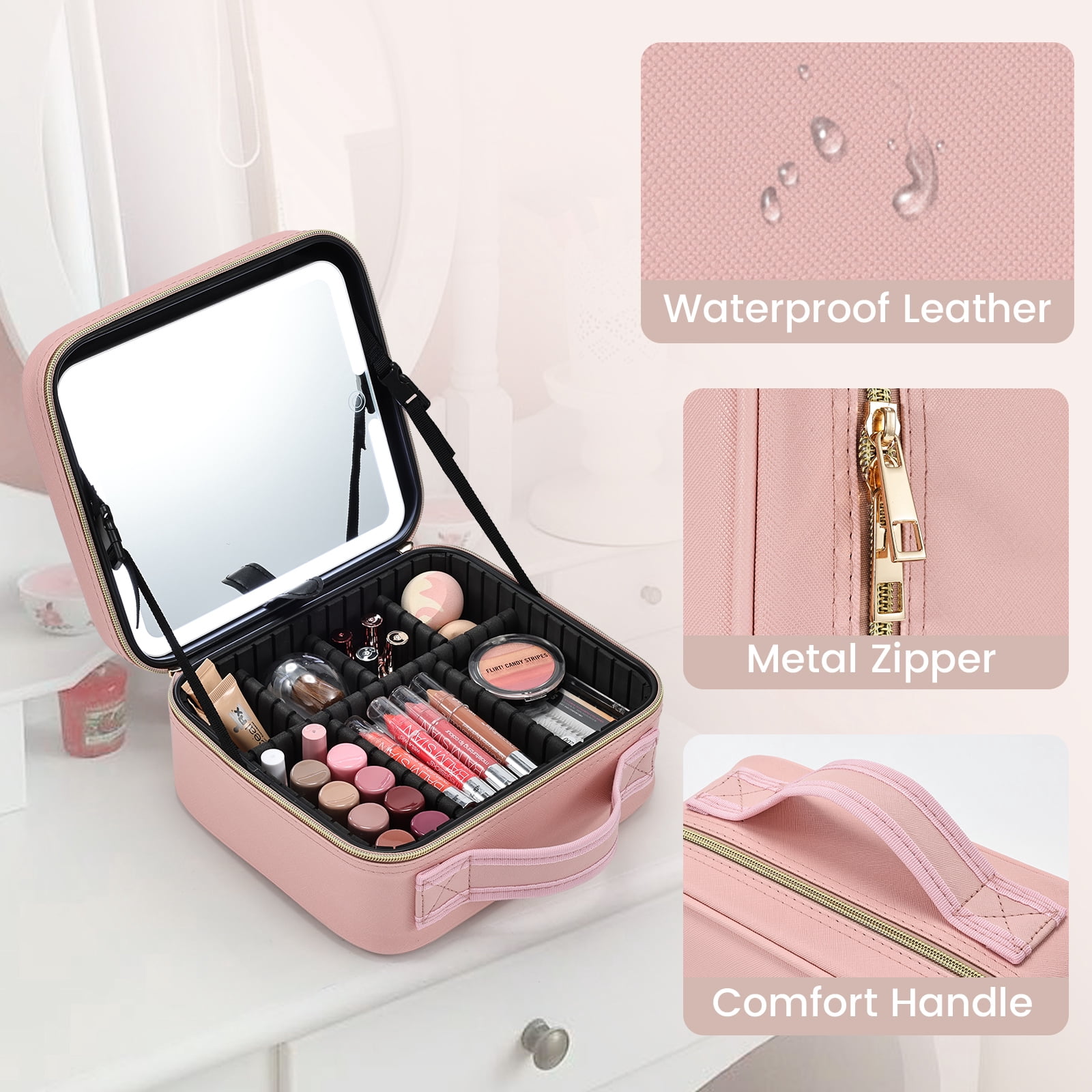 Makeup Bag with LED Mirror Travel Makeup Case Large Cosmetic Train Case with Brush Holder
