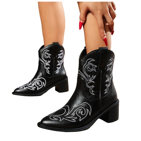 Wide Mid Calf Cowboy Boots for Women 2025 Classic Embroidered Leather Pointed Toe Chunky Heel Western Cowgirl Ankle Booties Casual Winter Fall Short Boots Black Size 8.5