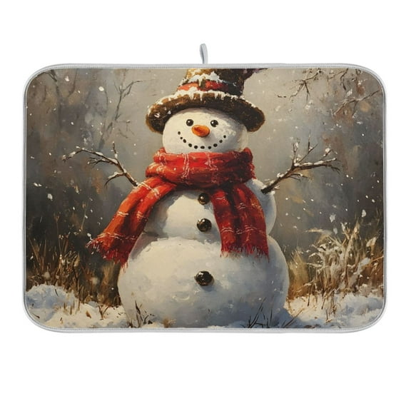 Snowman with Christmas Hat Dish Drying Mat 16x18 Absorbent Microfiber Draining Rack Pad for Kitchen Counter Sink