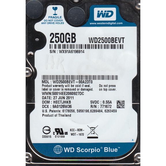 WD2500BEVT-00A23T0, DCM HECTJHKB, Western Digital 250GB SATA 2.5 Hard Drive