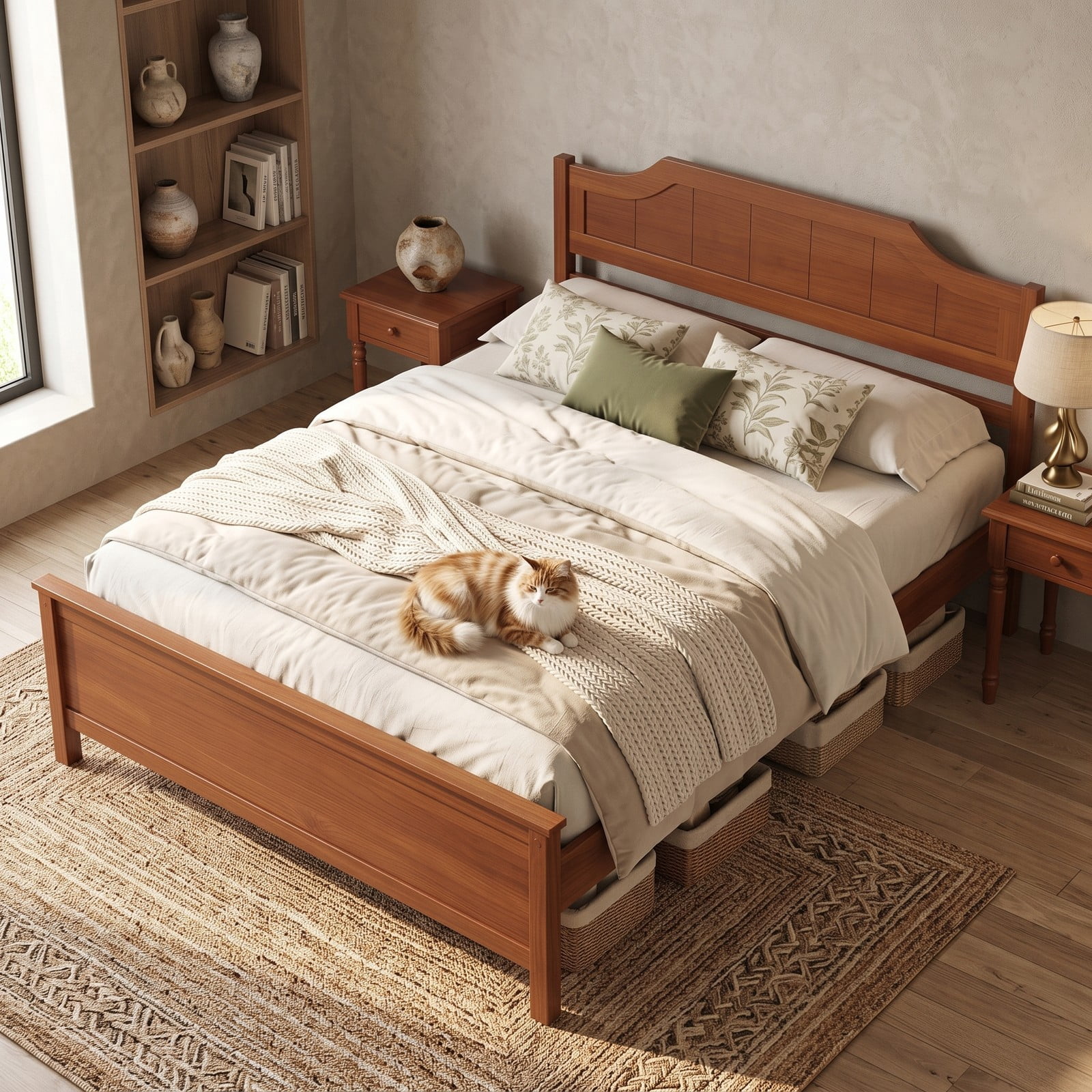 Furnibear Full Size Bed Frame Solid Wood Platform Bed with Arched Headboard and Slat Support, No Box Spring Needed, Walnut