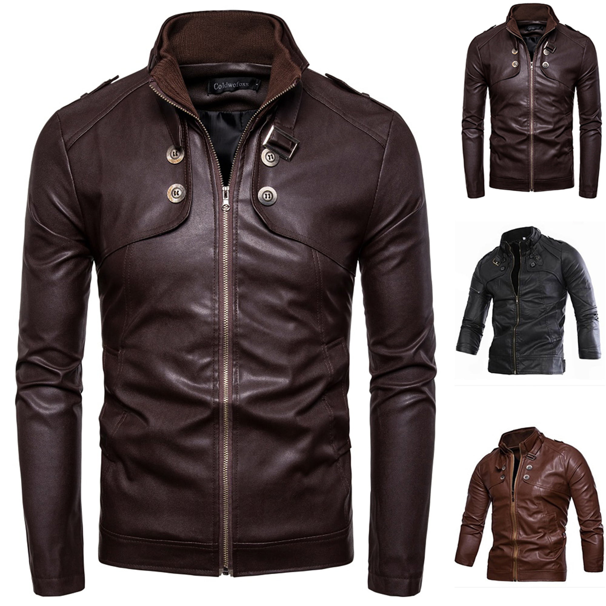 Men Boys Leather Jacket Stand Collar Long Sleeve Zipper Motorcycle Coat Tops 