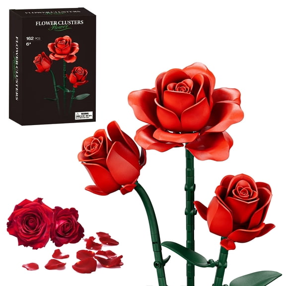 Red Roses Flower Bouquet Building Sets, 3 Artificial Flowers Building Blocks Educational Toys Gift for Kids Adults Women Her, Collection Christas Mother's Day Valentine's Gifts Home Decor 162 PCS