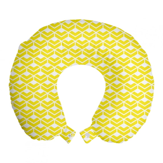 Abstract Travel Pillow Neck Rest, Monochrome Retro Geometric Shapes Layout on a Plain Background Ornaments, Memory Foam Traveling Accessory Airplane and Car, 12", Yellow and White, by Ambesonne