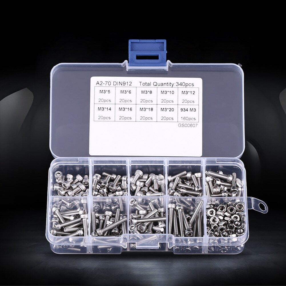 Gegong 340pcs M3 Stainless Steel SS304 Hex Socket C AP Head Screws And Nuts Assortment,Hex Socket Screws, Fastener