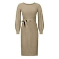 thumbnail image 4 of Npasoilc Fall Dresses for Women Long Puff Sleeve Round Neck High Waist Bandage Pleated Hem Mid-Length Solid Color Casual Slim-Fit Sweater Dresses, 4 of 4