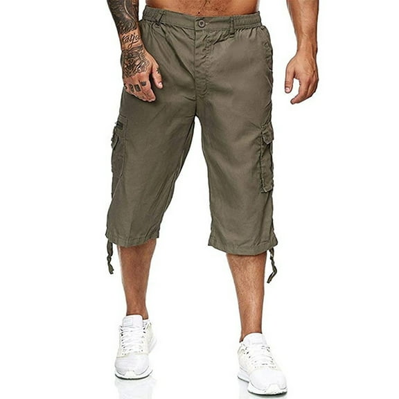 Bagilaanoe Men's Casual 3/4 Cargo Shorts Below Knee Loose Cargo Capri Shorts Multi-Pocket Bottoms