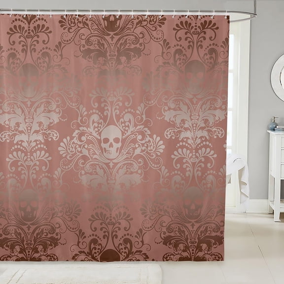 Adults Grey Damask Bath Curtain Antique Victorian Baroque Fabric Shower Curtain 72" Wx84 L,Vintage Floral Exotic Sugar Skull Bathroom Decor,Gothic Bone Skeleton Bohemian Decor,Antique Red