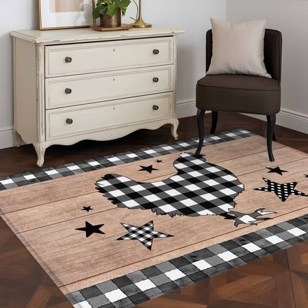 3 x5 Area Rugs Chicken Hen Indoor Outdoor Area Rug for Living Room Bedroom Rooster Animals Farmhouse Plaid Brown Wooden Grain Washable Bathroom Rugs Kitchen Floor Carpet Mats Home Decor Aesthetic