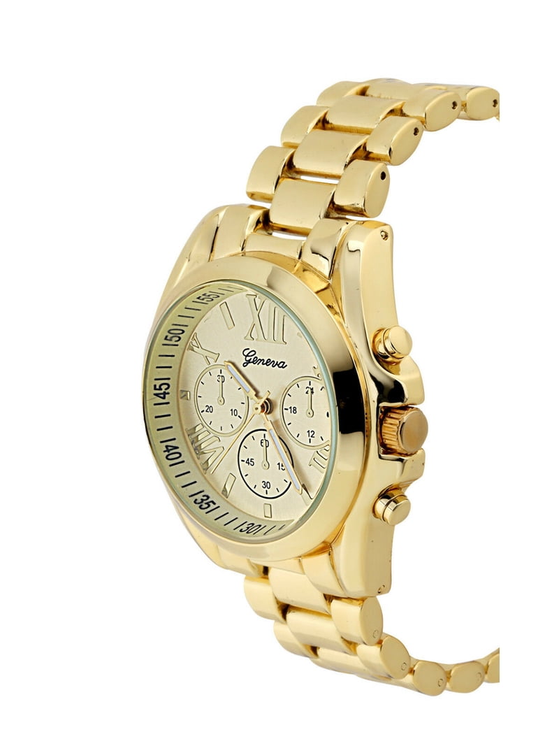 Geneva Yellow Gold Tone Classic Men's Watch. Faux Chronograph