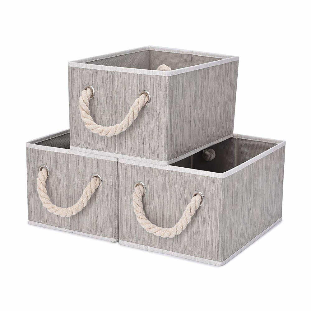 StorageWorks Foldable Storage Basket, 3Pack, Medium, Gray, Bamboo