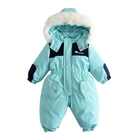 Xfvqtps Snowsuit One Piece Fake Fur Hooded Rompers Keep Warm Color Blocking Waterproof Windproof Winter Jumpsuits Light Blue