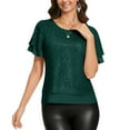 thumbnail image 4 of Sparkly Sequin Tops Womens Ruffled Short Sleeve Glitter Blouses Evening Party Dressy Casual Outfits for Women (L, Army Green), 4 of 7