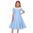 thumbnail image 4 of XUNKUSGA Summer Dress Classic Soild Color Buttoned Slim Fit Swing Dress 1950S Retro Dress Short Sleeve Shawl Collar Girls Dresses for Party Wedding,Blue,12-13 Years, 4 of 6