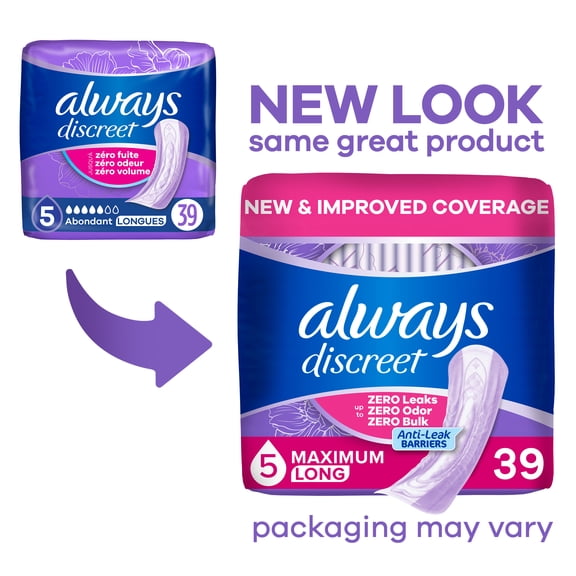 Always Discreet Adult Incontinence Pads for Women, Heavy Absorbency, Long Length, Postpartum Pads, 39 Count