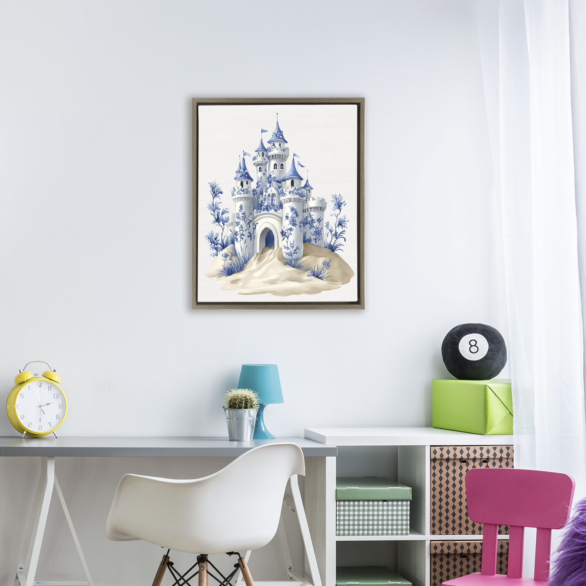 Funky Toile Castle Brown Framed Floater Canvas Wall Art, design by Lettered and Lined