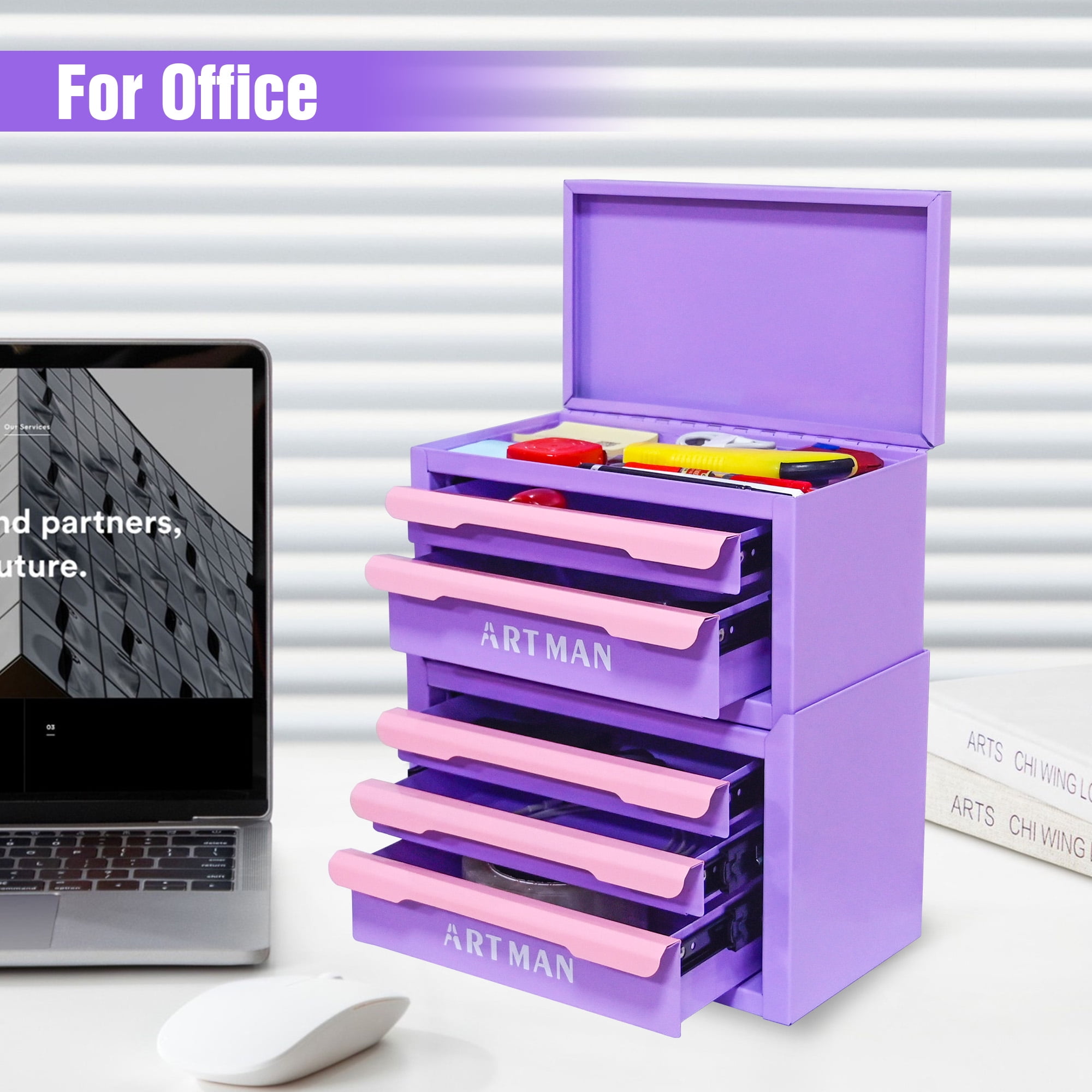 JXXRZ Mini Desktop Storage Box with 5 Drawers, Desk Organizer for Office, Stationery & Cosmetics, Purple-Pink