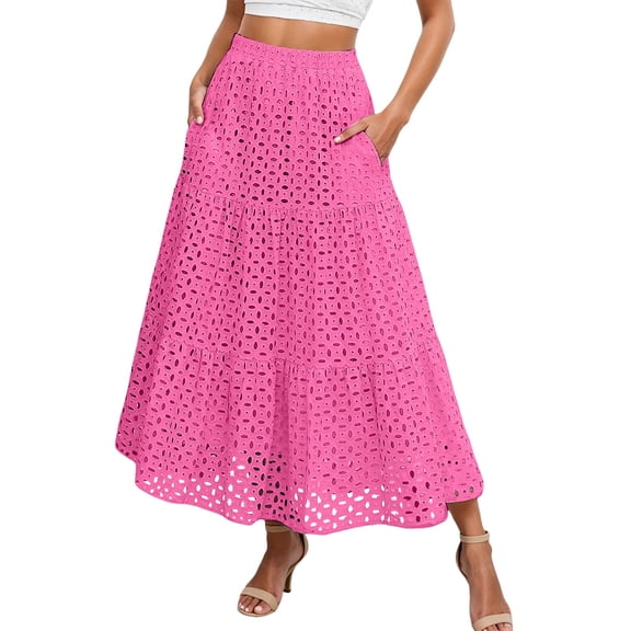 QHFBli Boho Tiered Eyelet Maxi Skirt for Women Elastic High Waist Flowy A-Line Casual Summer Beach Long Skirt
