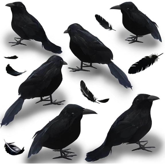 CQHVKQ 6PCS Halloween Black Crows Decorations, Realistic Foam Halloween Handmade Black Feathered Crows with Fixable Legs, Halloween Gothic Ornaments for Table Centerpieces, Party, Indoor & Outdoor