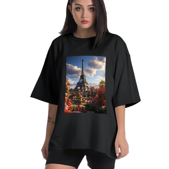 Plus Size Shirt for Women Black Tops for Women Short Sleeves Shirt for Women Eiffel Tower With Flowers1 T Shirt Crewneck Shirt for Women XS