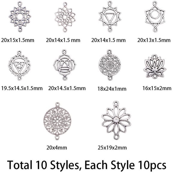 1box 1 box 100pcs 10 styles Flower Connector Finding Antique Silver Flower Hollow Chakra Pendants Craft Supplies for Jewelry Bracelet Necklace Earring Making Accessories