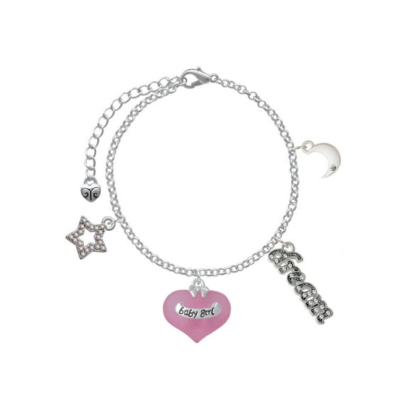 Delight Jewelry Baby Girl Pink Heart with Baby Feet Silvertone Dream Big Charm Bracelet, 7.5 2" Extender