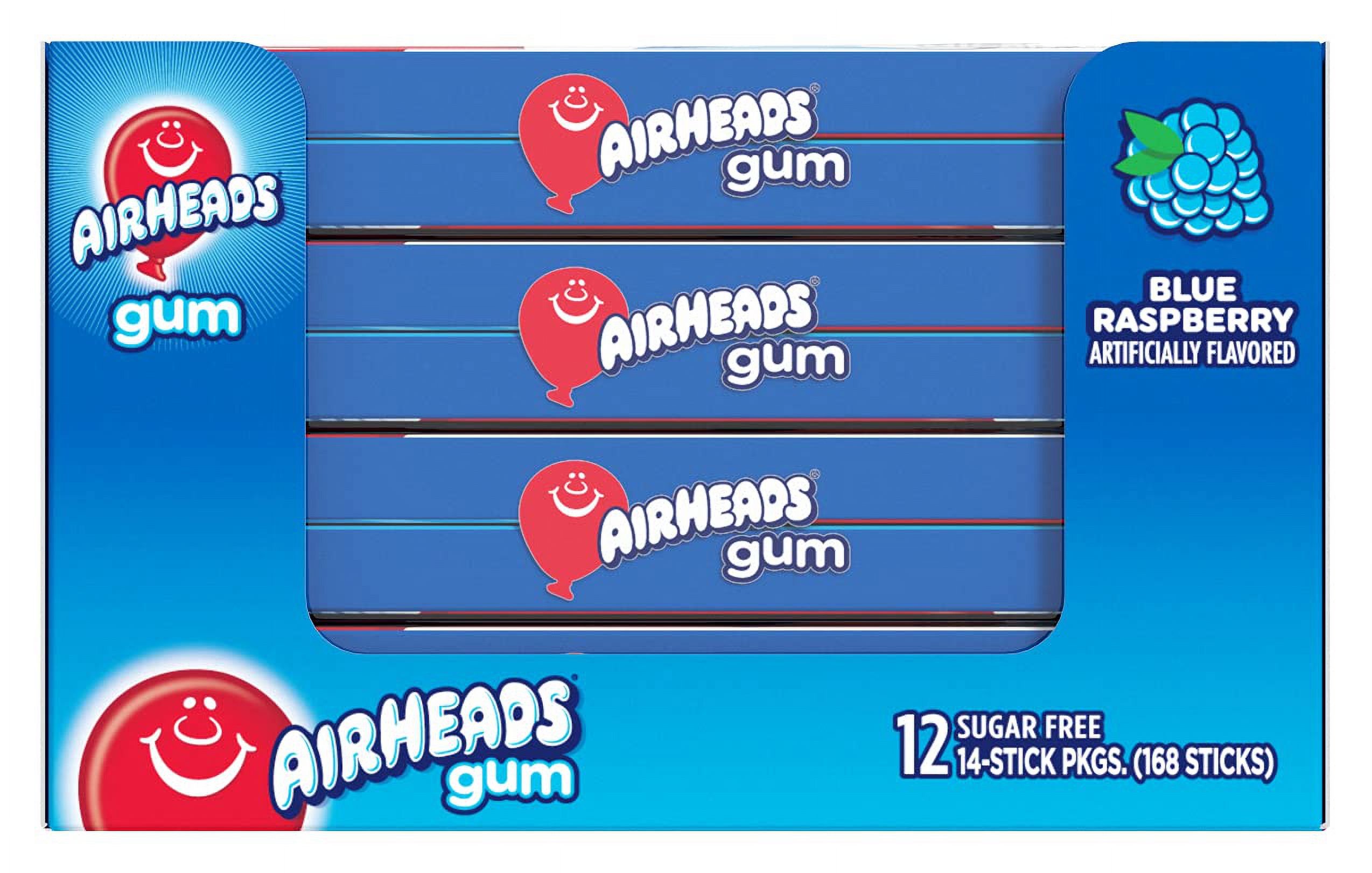 Airheads Candy, Chewing Gum, BCF26 Blue Rasberry Flavor, Sugar Free, Xylitol, 14 Sticks per Pack, Box of 12 Packs