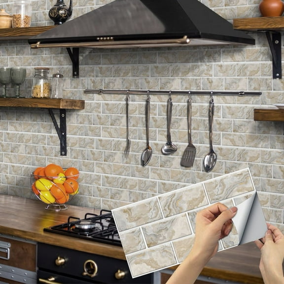 6Piece Self Adhesive Marbling Tile Stickers 11.8x5.9inch DIY Wall Decals Beige Gray Mosaic Brick Peel and Stick Backsplash Waterproof Vinyl Wallpaper
